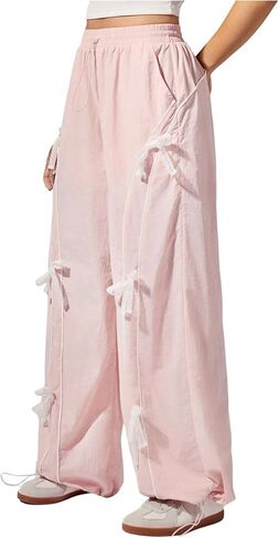 OYOANGLE Women's Y2K Side Bow Knot Track Pants with Pockets Drawstring Lightweight Casual Wide Leg Baggy Pants in Saudi Arabia
