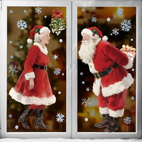 Gueevin 2 Sheets 3.3ft Extra Large Kissing Santa & Mrs. Claus Under The Mistle Window Clings with Snowflakes Watercolor Rustic Xmas Couple Stickers Decals for Home Office Winter Holiday Party Decor in Saudi Arabia