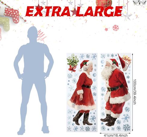 Gueevin 2 Sheets 3.3ft Extra Large Kissing Santa & Mrs. Claus Under The Mistle Window Clings with Snowflakes Watercolor Rustic Xmas Couple Stickers Decals for Home Office Winter Holiday Party Decor in Saudi Arabia