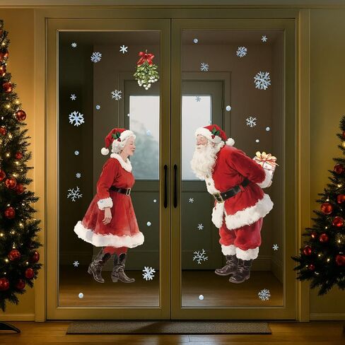 Gueevin 2 Sheets 3.3ft Extra Large Kissing Santa & Mrs. Claus Under The Mistle Window Clings with Snowflakes Watercolor Rustic Xmas Couple Stickers Decals for Home Office Winter Holiday Party Decor in Saudi Arabia