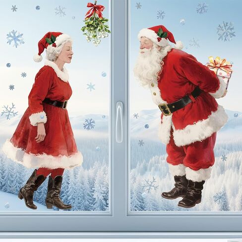 Gueevin 2 Sheets 3.3ft Extra Large Kissing Santa & Mrs. Claus Under The Mistle Window Clings with Snowflakes Watercolor Rustic Xmas Couple Stickers Decals for Home Office Winter Holiday Party Decor in Saudi Arabia