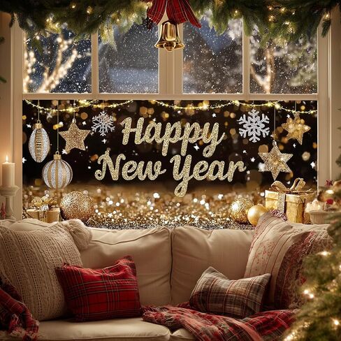 Happy New Year Glitter Scene Static Cling Window Cover PVC Privacy Glass Sheet 39.3x17.7 Inches Decorative Panel Cling Reusable Festive Stars Ornaments Display for Home Party Décor in Saudi Arabia