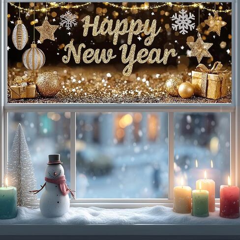 Happy New Year Glitter Scene Static Cling Window Cover PVC Privacy Glass Sheet 39.3x17.7 Inches Decorative Panel Cling Reusable Festive Stars Ornaments Display for Home Party Décor in Saudi Arabia