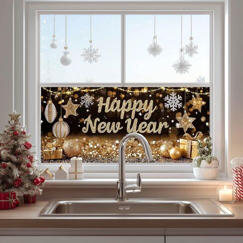 Happy New Year Glitter Scene Static Cling Window Cover PVC Privacy Glass Sheet 39.3x17.7 Inches Decorative Panel Cling Reusable Festive Stars Ornaments Display for Home Party Décor in Saudi Arabia