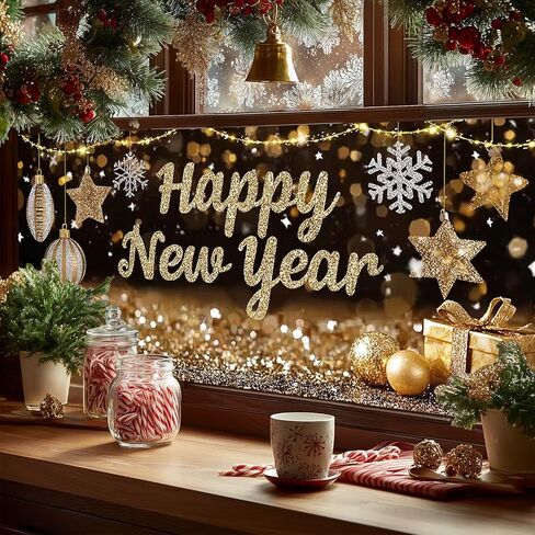 Happy New Year Glitter Scene Static Cling Window Cover PVC Privacy Glass Sheet 39.3x17.7 Inches Decorative Panel Cling Reusable Festive Stars Ornaments Display for Home Party Décor in Saudi Arabia