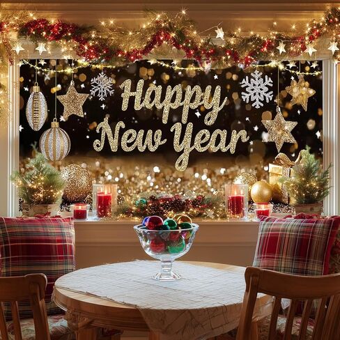 Happy New Year Glitter Scene Static Cling Window Cover PVC Privacy Glass Sheet 39.3x17.7 Inches Decorative Panel Cling Reusable Festive Stars Ornaments Display for Home Party Décor in Saudi Arabia