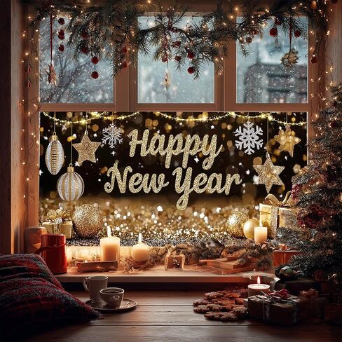 Happy New Year Glitter Scene Static Cling Window Cover PVC Privacy Glass Sheet 39.3x17.7 Inches Decorative Panel Cling Reusable Festive Stars Ornaments Display for Home Party Décor in Saudi Arabia