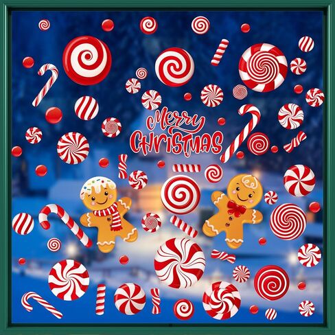 Christmas Gingerbread Window Clings - 9 Sheets 73 Pcs Candy Cane Christmas Window Stickers, Double-Sided Xmas Window Decals Ornament for Home Office Shop Glass Décor in Saudi Arabia