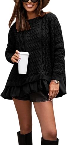Women's Cable Knit Sweater Dress Ruffle Hem Mini Dresses Long Sleeves Twofer Style Tunic Knitted Pullover in Saudi Arabia