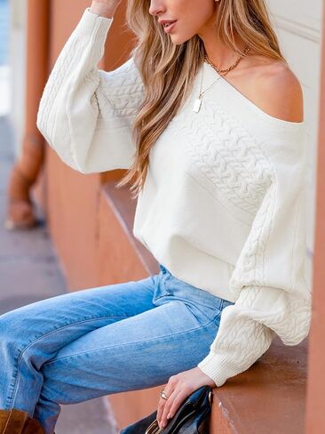 CUPSHE Women Trendy Knit Sweater 2025 Off Shoulder Long Dolman Sleeve Casual Top Soft Boatneck Pullover Fall Sweaters in Saudi Arabia