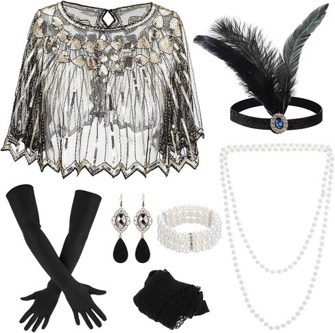 10 Pieces 1920s Flapper Gatsby Accessories Set Fashion Roaring 20's Theme Set with Headband Headpiece for Women Black in Saudi Arabia