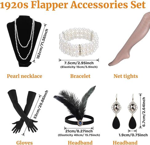 10 Pieces 1920s Flapper Gatsby Accessories Set Fashion Roaring 20's Theme Set with Headband Headpiece for Women Black in Saudi Arabia