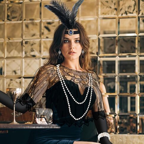 10 Pieces 1920s Flapper Gatsby Accessories Set Fashion Roaring 20's Theme Set with Headband Headpiece for Women Black in Saudi Arabia