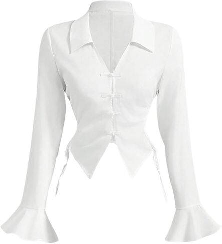 بلوزات نسائية من MakeMeChic ذات أكمام واسعة وربطة جانبية مكشكشة وأزرار سفلية لزي المكتب in Kuwait