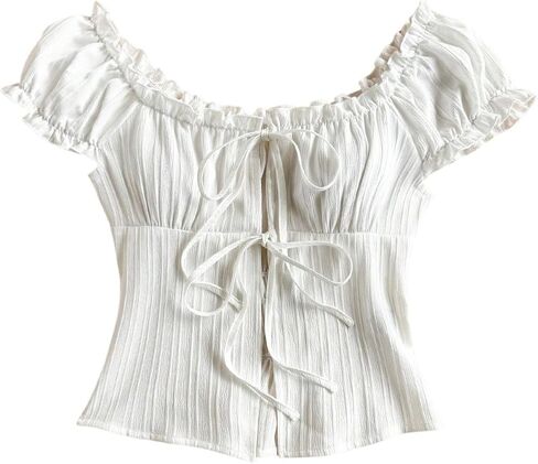 SweatyRocks Women's Bow Tie Front Ruched Blouse Puff Sleeve Square Neck Summer Cute Tops in Saudi Arabia