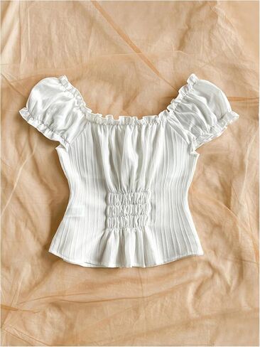 SweatyRocks Women's Bow Tie Front Ruched Blouse Puff Sleeve Square Neck Summer Cute Tops in Saudi Arabia