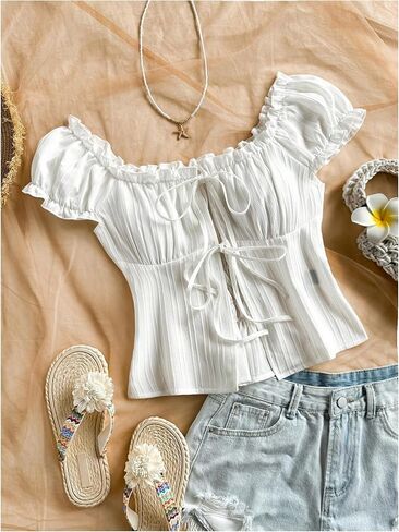 SweatyRocks Women's Bow Tie Front Ruched Blouse Puff Sleeve Square Neck Summer Cute Tops in Saudi Arabia