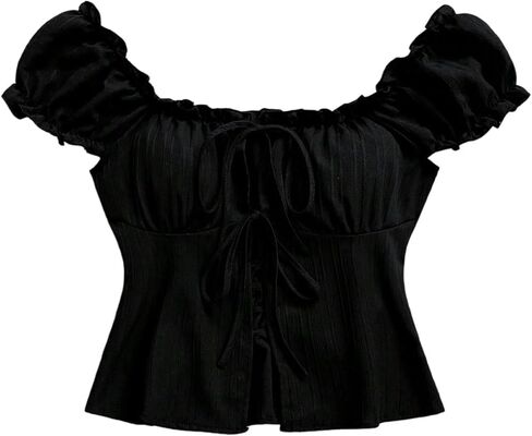 SweatyRocks Women's Bow Tie Front Ruched Blouse Puff Sleeve Square Neck Summer Cute Tops in Saudi Arabia