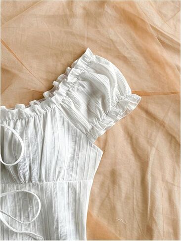 SweatyRocks Women's Bow Tie Front Ruched Blouse Puff Sleeve Square Neck Summer Cute Tops in Saudi Arabia