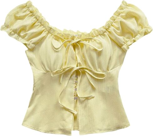 SweatyRocks Women's Bow Tie Front Ruched Blouse Puff Sleeve Square Neck Summer Cute Tops in Saudi Arabia