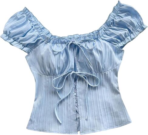 SweatyRocks Women's Bow Tie Front Ruched Blouse Puff Sleeve Square Neck Summer Cute Tops in Saudi Arabia