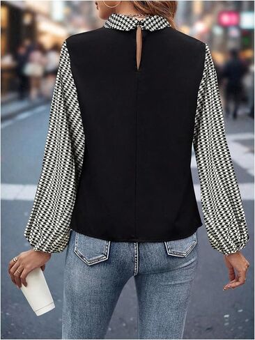 SweatyRocks Women's Houndstooth Dressy Casual Shirts Collared Long Sleeve Shirts Office Work Blouses in Saudi Arabia