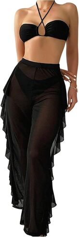 OYOANGLE Women's Ruffle Bikini Set 3 Piece Criss Cross Tie Backless Cheeky Swimsuit with Cover Up Pants in Saudi Arabia