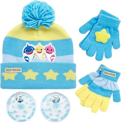 Nicklelodeon Boy's Baby Shark Winter Hat and 2 Pairs of Mittens Set (Toddler/Little Boys), Size Age 2-7, Blue/Yellow Glove with Handwarmers in Saudi Arabia