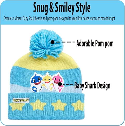 Nicklelodeon Boy's Baby Shark Winter Hat and 2 Pairs of Mittens Set (Toddler/Little Boys), Size Age 2-7, Blue/Yellow Glove with Handwarmers in Saudi Arabia