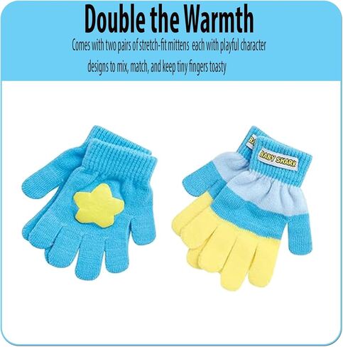 Nicklelodeon Boy's Baby Shark Winter Hat and 2 Pairs of Mittens Set (Toddler/Little Boys), Size Age 2-7, Blue/Yellow Glove with Handwarmers in Saudi Arabia