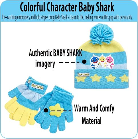 Nicklelodeon Boy's Baby Shark Winter Hat and 2 Pairs of Mittens Set (Toddler/Little Boys), Size Age 2-7, Blue/Yellow Glove with Handwarmers in Saudi Arabia