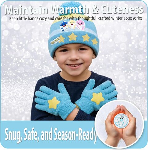 Nicklelodeon Boy's Baby Shark Winter Hat and 2 Pairs of Mittens Set (Toddler/Little Boys), Size Age 2-7, Blue/Yellow Glove with Handwarmers in Saudi Arabia