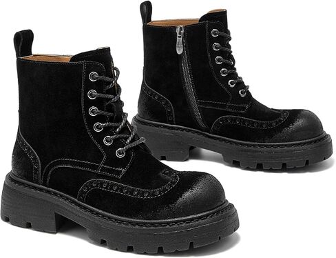 BEAU TODAY Womens Combat Boots, Platform Suede Leather Boots for Women, Lace Up Chunky Lug Sole Ankle Booties, Fashion Side Zipper Short booties in Saudi Arabia