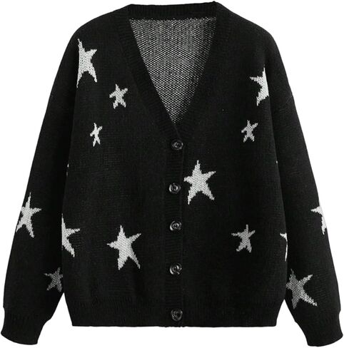 Women's Star Graphic Cardigan Sweater Grunge Punk Button Up Long Sleeve V Neck Knit Outerwear in Saudi Arabia