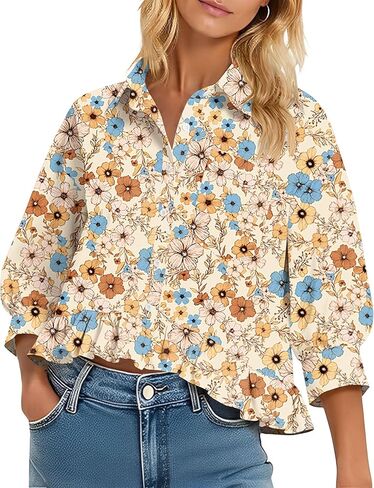 LOMON Womens 3/4 Sleeve Button Down Tops Dressy Casual Collared Shirts Blouses Ruffle Babydoll Tops Loose Fit in Saudi Arabia