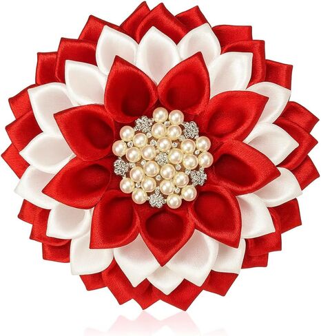 Red and White 4.5" Triple Sorority Paraphernalia Flower Brooch Pin for Women, Greek Organization, Delta Sigma Theta Sorority Inspired for D9 Events, Conferences, Luncheons, J13 in Saudi Arabia