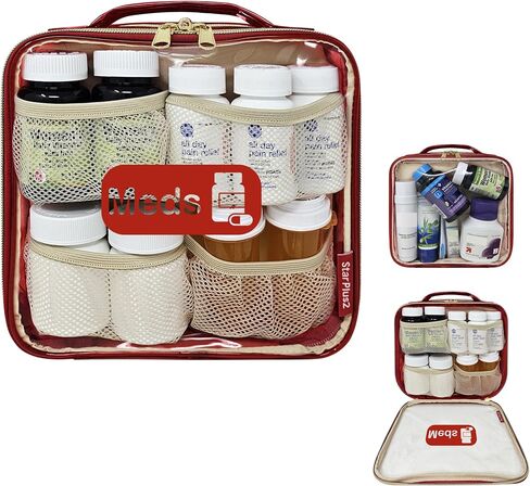 Medium Travel Pill Bottle Organizer, Clear Medicine Bag, 2 Zipper Compartments with Divider and Mesh Pockets, Easy View of Medications, Medical Supplies, and Toiletries, Soft PVC - Black in Saudi Arabia