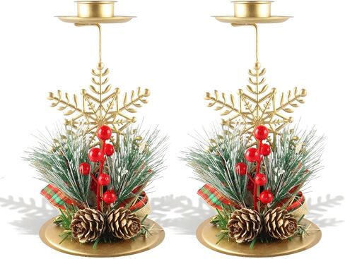 ABTOLS Star Tealight Candle Holders with Red Berry, Christmas Snowflake Gold Candlestick Holder for Taper Candle Tea Light Holder for Table Centerpiece Festive Xmas Ornaments Home Decor in Saudi Arabia