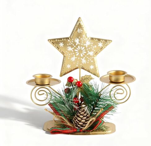 ABTOLS Star Tealight Candle Holders with Red Berry, Christmas Snowflake Gold Candlestick Holder for Taper Candle Tea Light Holder for Table Centerpiece Festive Xmas Ornaments Home Decor in Saudi Arabia