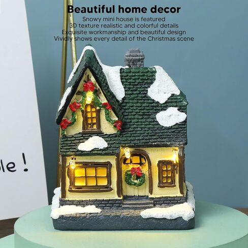 Christmas Village House, Snowy Small House with Vivid 3D Texture LED Lighted Christmas Decoration, with Warm Lights, for Home Decor Garden Landscape (B) in Saudi Arabia