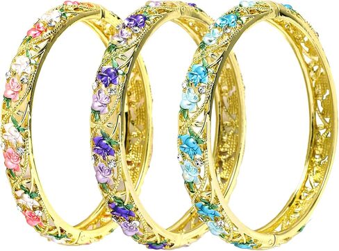 Trendy Cloisonne Bangle Bracelets Set for Women, Enamel Craft Jewelry-Floral Element , Retro Fashion Palace Style, Zinc Alloy with Rhinestones, 2.4Inch Diameter Fits Most Adults, Perfect Jewelry Gift for Her, Girlfriend, Wife, Mom, Sister, Lover on Birthd in Saudi Arabia