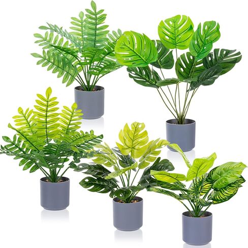 5 قطع 11 بوصة نباتات استوائية اصطناعية بوعاء داخلي صغير نبات Monstera الصناعي في أوعية الحصى البيضاء قطعة مركزية للطاولة الخضراء المزيفة للمنزل وغرفة المعيشة والمطبخ والمكتب وغرفة النوم in Kuwait