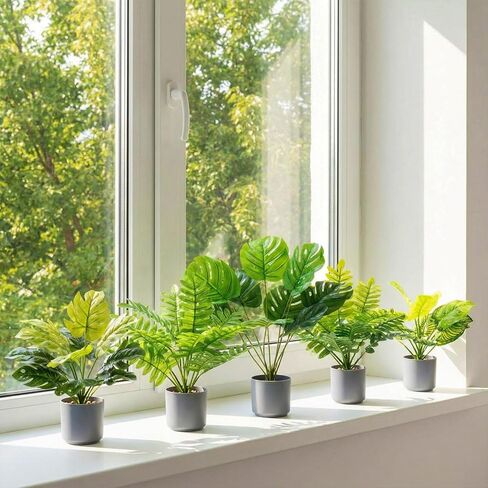 5 قطع 11 بوصة نباتات استوائية اصطناعية بوعاء داخلي صغير نبات Monstera الصناعي في أوعية الحصى البيضاء قطعة مركزية للطاولة الخضراء المزيفة للمنزل وغرفة المعيشة والمطبخ والمكتب وغرفة النوم in Kuwait