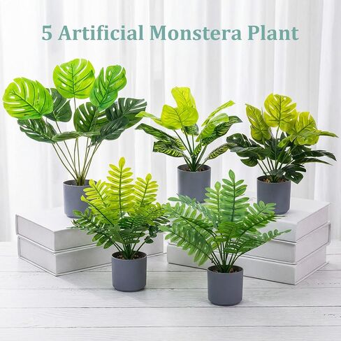 5 قطع 11 بوصة نباتات استوائية اصطناعية بوعاء داخلي صغير نبات Monstera الصناعي في أوعية الحصى البيضاء قطعة مركزية للطاولة الخضراء المزيفة للمنزل وغرفة المعيشة والمطبخ والمكتب وغرفة النوم in Kuwait