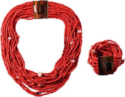 Handmade Seed Bead Necklace & Bracelet Set Boho Jewelry for Women - Layered Multi Strand Beaded Necklaces & Bracelets w/Wooden Clasp Length 18" Strechable Bracelet Christmas Gifts for Womens in Saudi Arabia