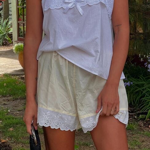 Women's Casual Elastic Waist Lounge Shorts Comfy Stretch Lace Trim Patchwork Pajama Bottoms Summer Loose Shorts in Saudi Arabia