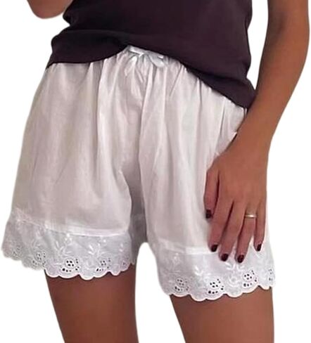 Women's Casual Elastic Waist Lounge Shorts Comfy Stretch Lace Trim Patchwork Pajama Bottoms Summer Loose Shorts in Saudi Arabia