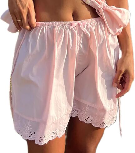 Women's Casual Elastic Waist Lounge Shorts Comfy Stretch Lace Trim Patchwork Pajama Bottoms Summer Loose Shorts in Saudi Arabia