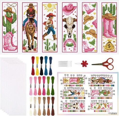 Origach 6 Set Cowboy Cross Stitch Borkmark Kits للمبتدئين ، مجموعات غرزة Cowboy على الطراز الغربي مع تعليمات للبالغين مرجعين عشاق in Kuwait