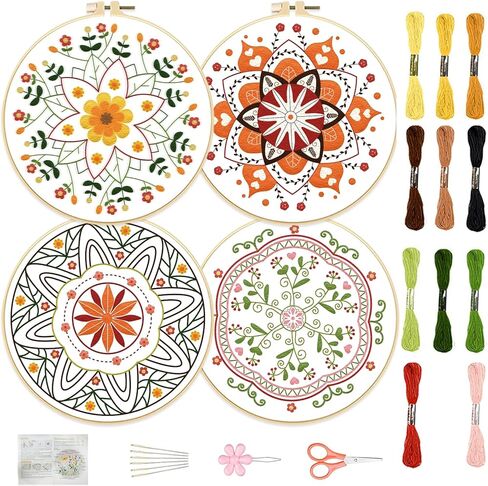 FREEBLOSS 4 Set 12'' Embroidery Kit for Beginners Indigo Flowers Border Pattern Embroidery Kit with Instructions Full Kit of Embroidery Cloth 2 Embroidery Hoops Indigo Blue Series Flosses in Kuwait